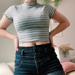 Grey striped mock neck short sleeve crop top